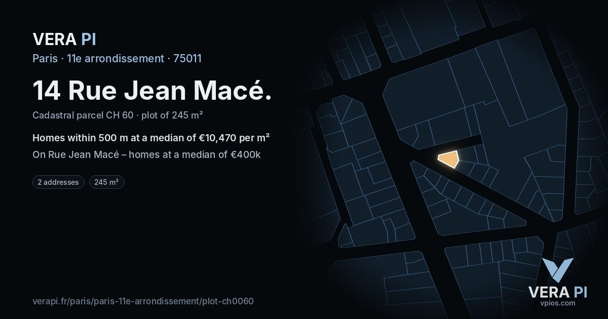 14 Rue Jean Macé, 11e arrondissement at night – the plot lit, the parcels around coloured by the prices near them