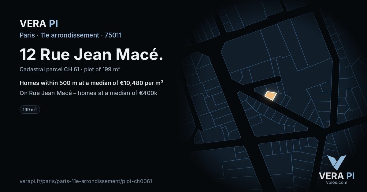 12 Rue Jean Macé, 11e arrondissement at night – the plot lit, the parcels around coloured by the prices near them