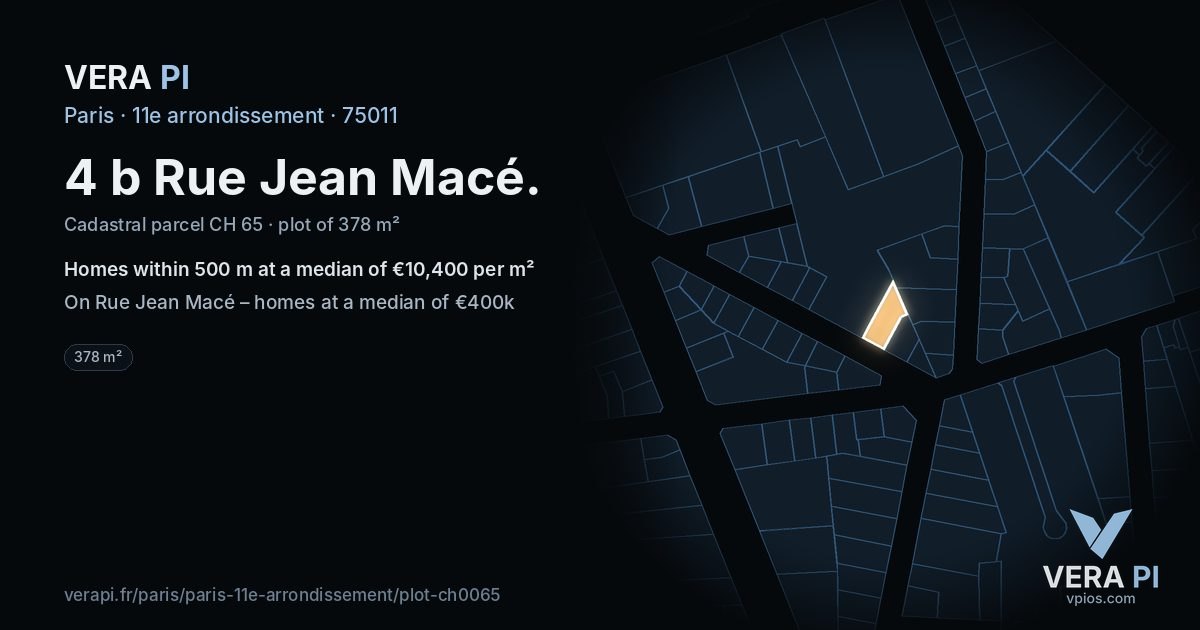 4 b Rue Jean Macé, 11e arrondissement at night – the plot lit, the parcels around coloured by the prices near them