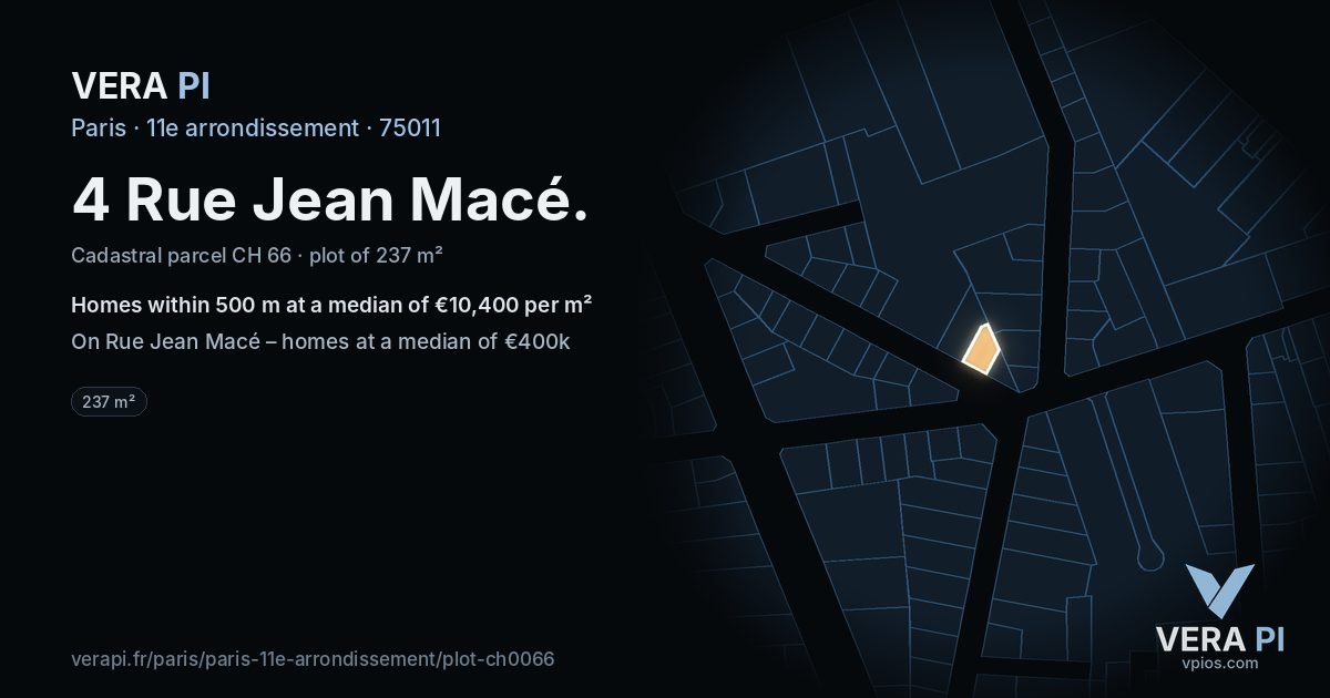 4 Rue Jean Macé, 11e arrondissement at night – the plot lit, the parcels around coloured by the prices near them