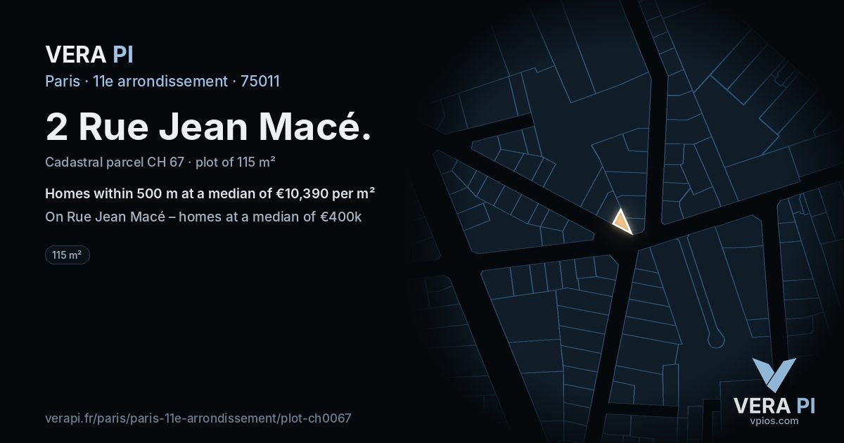 2 Rue Jean Macé, 11e arrondissement at night – the plot lit, the parcels around coloured by the prices near them
