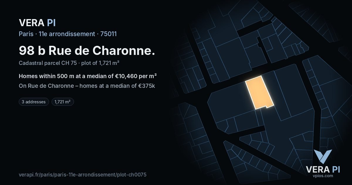 98 b Rue de Charonne, 11e arrondissement at night – the plot lit, the parcels around coloured by the prices near them
