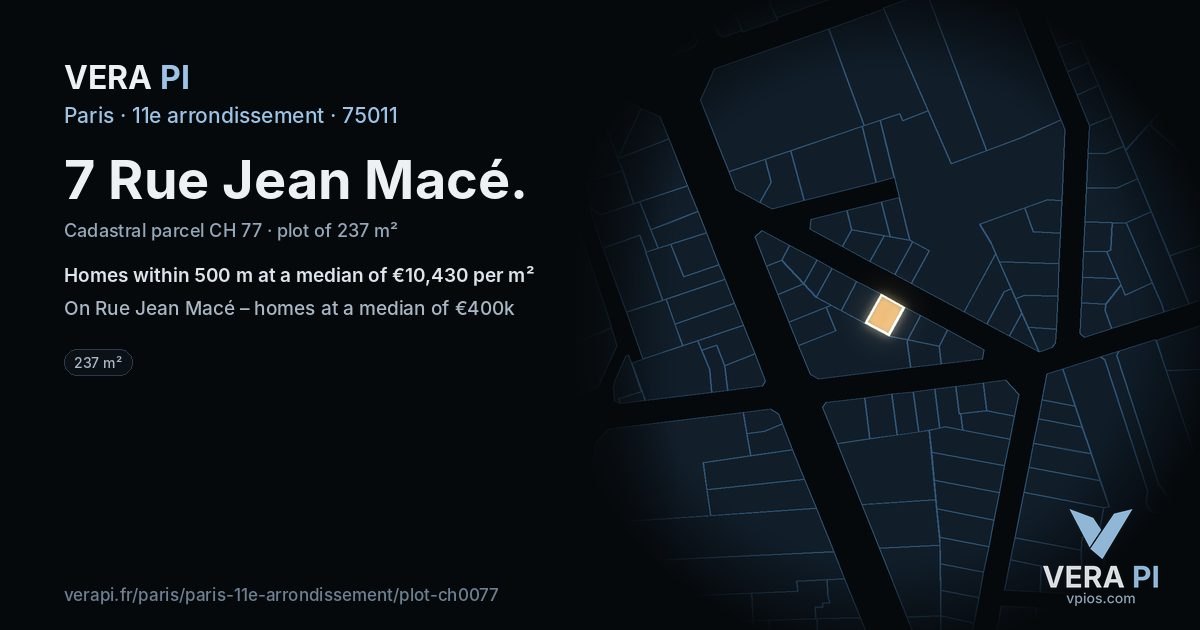 7 Rue Jean Macé, 11e arrondissement at night – the plot lit, the parcels around coloured by the prices near them