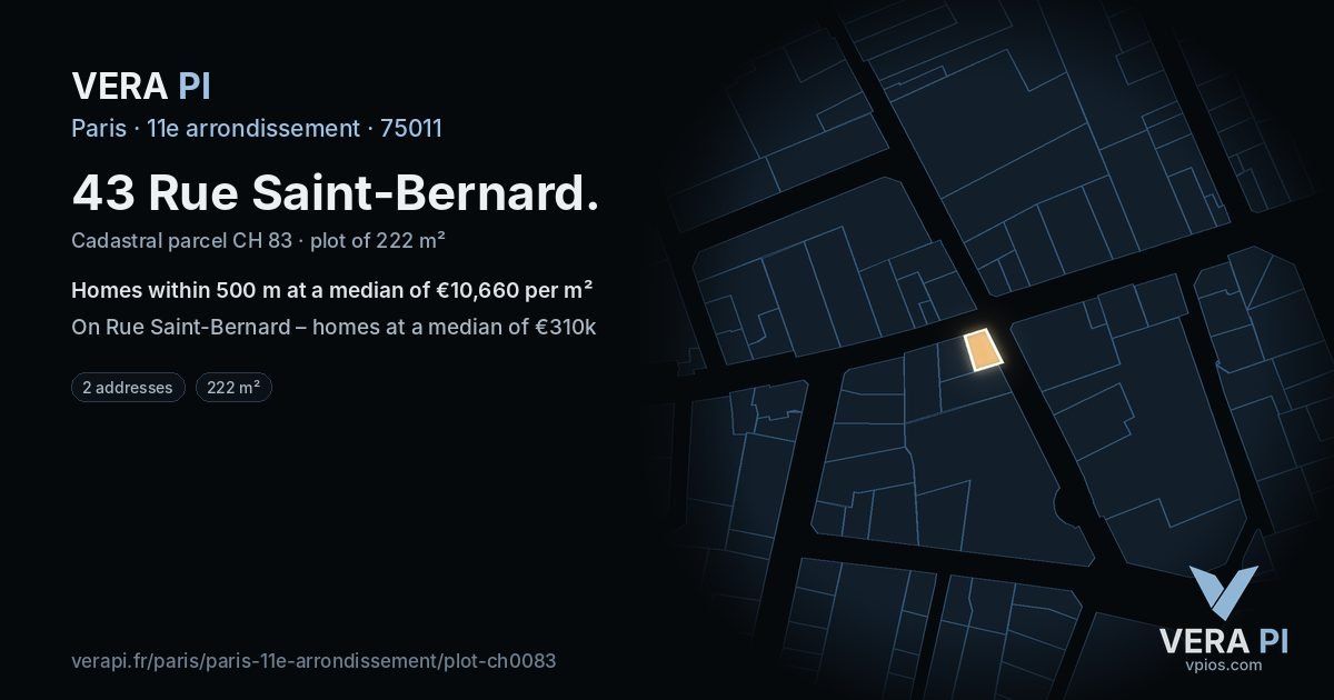 43 Rue Saint-Bernard, 11e arrondissement at night – the plot lit, the parcels around coloured by the prices near them