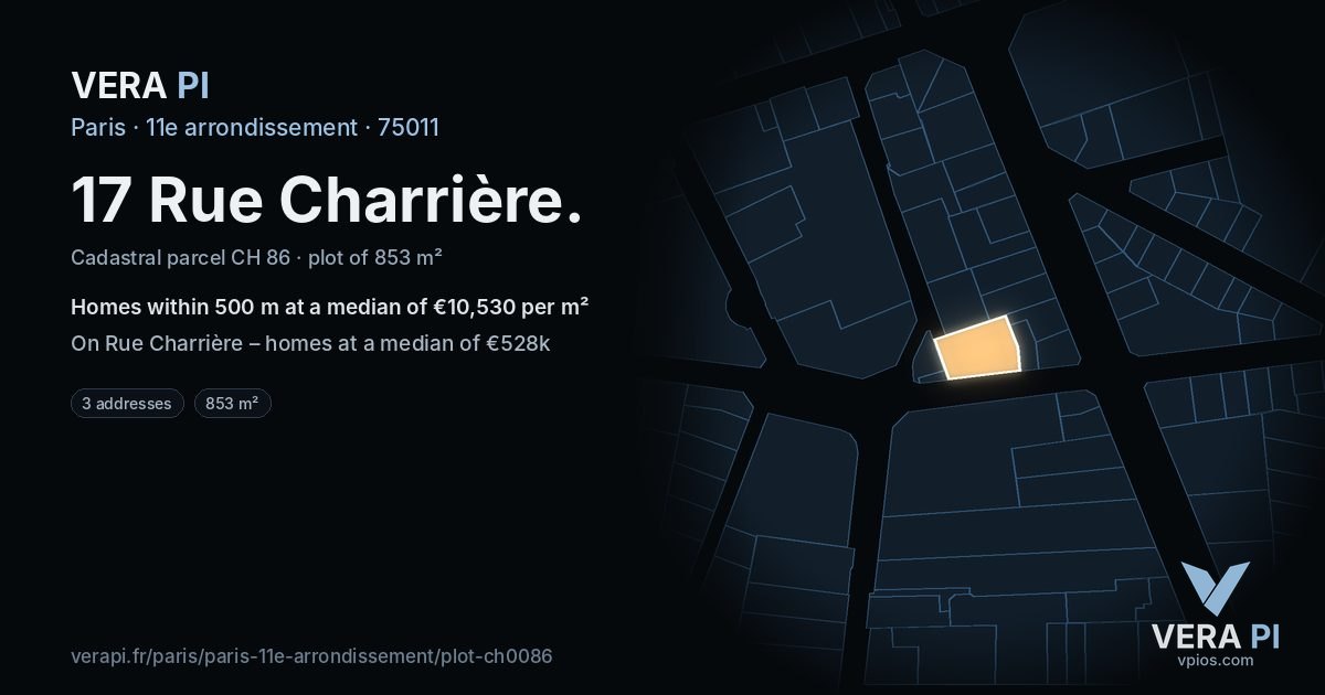 17 Rue Charrière, 11e arrondissement at night – the plot lit, the parcels around coloured by the prices near them