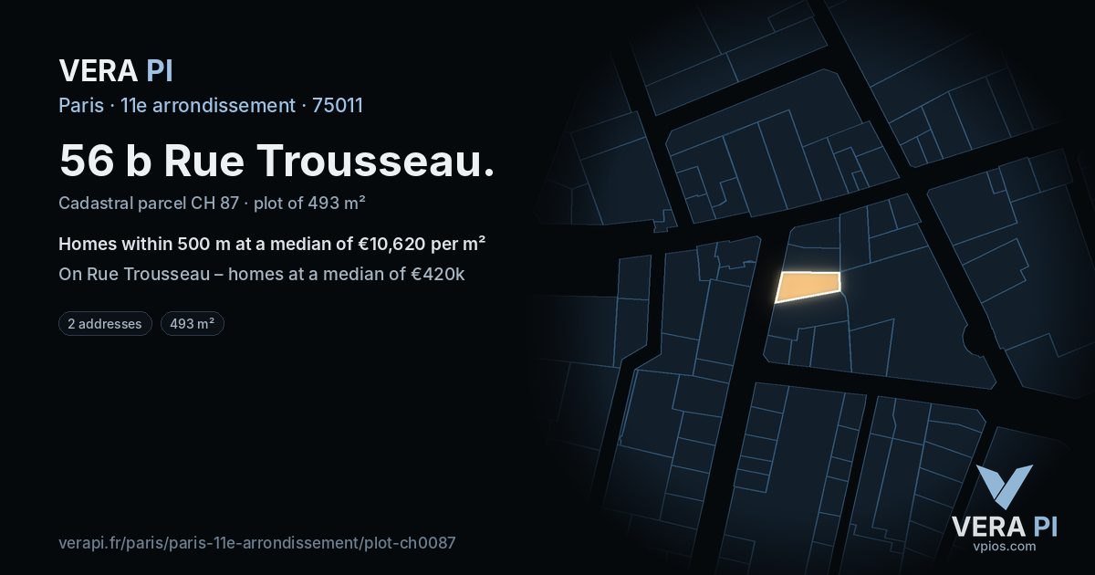 56 b Rue Trousseau, 11e arrondissement at night – the plot lit, the parcels around coloured by the prices near them