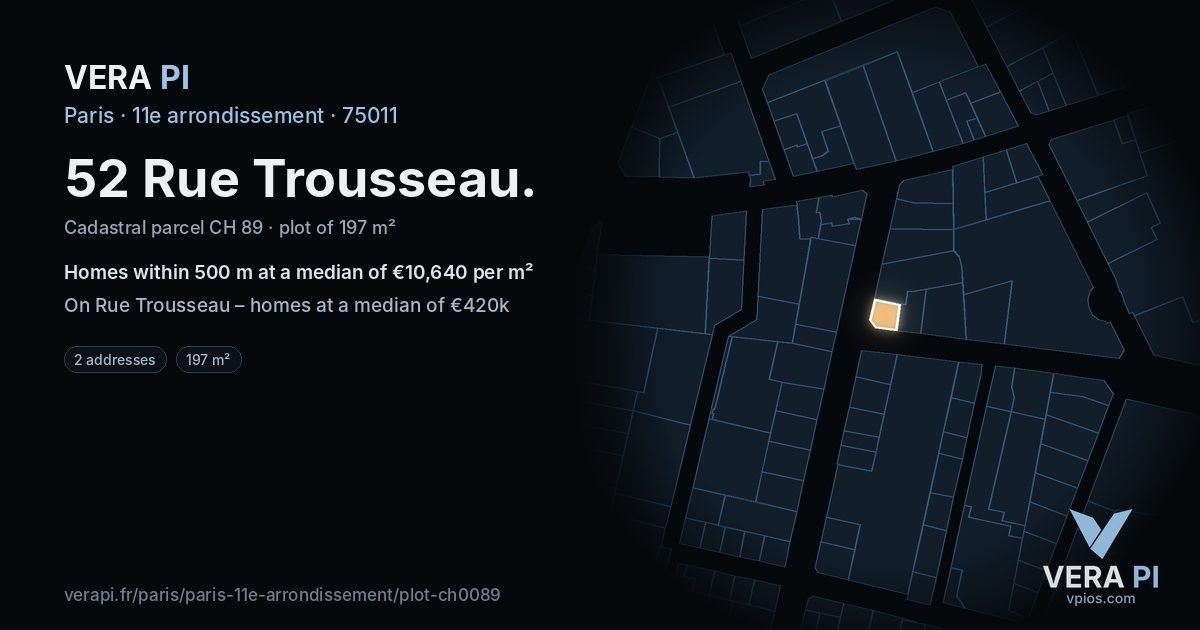 52 Rue Trousseau, 11e arrondissement at night – the plot lit, the parcels around coloured by the prices near them
