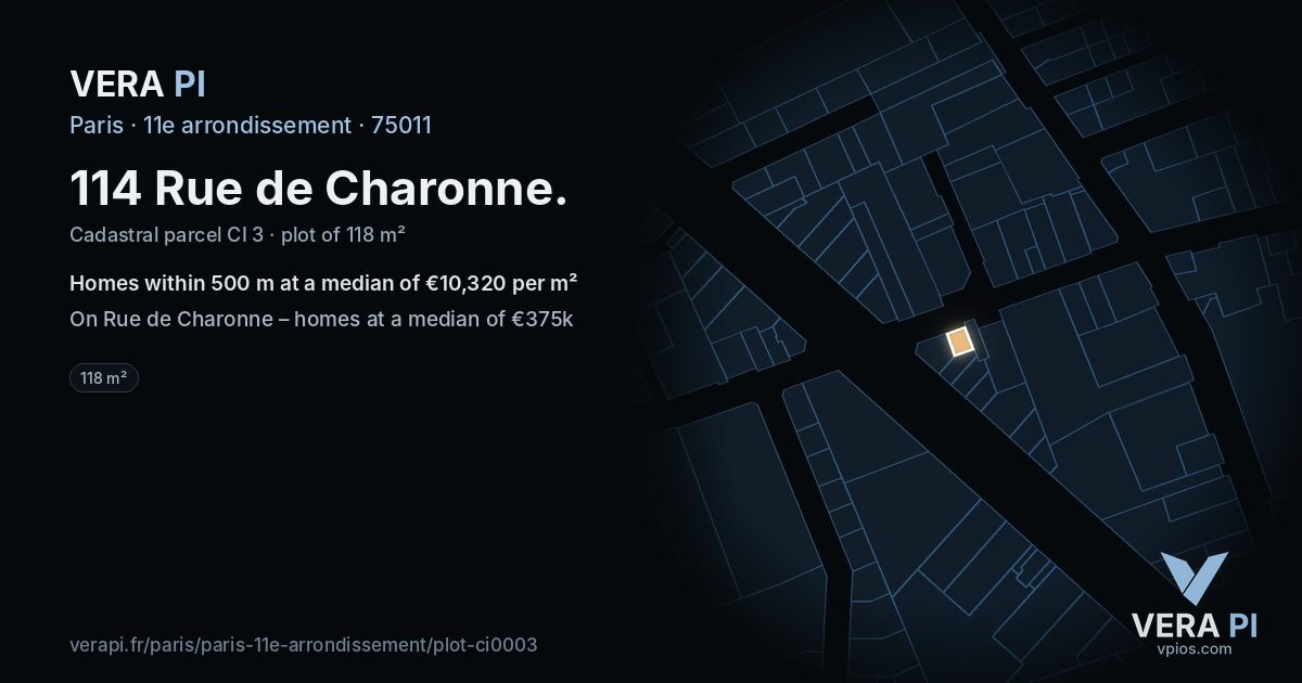 114 Rue de Charonne, 11e arrondissement at night – the plot lit, the parcels around coloured by the prices near them