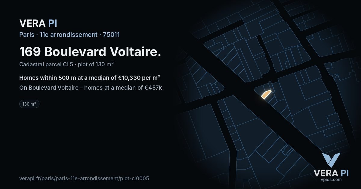 169 Boulevard Voltaire, 11e arrondissement at night – the plot lit, the parcels around coloured by the prices near them