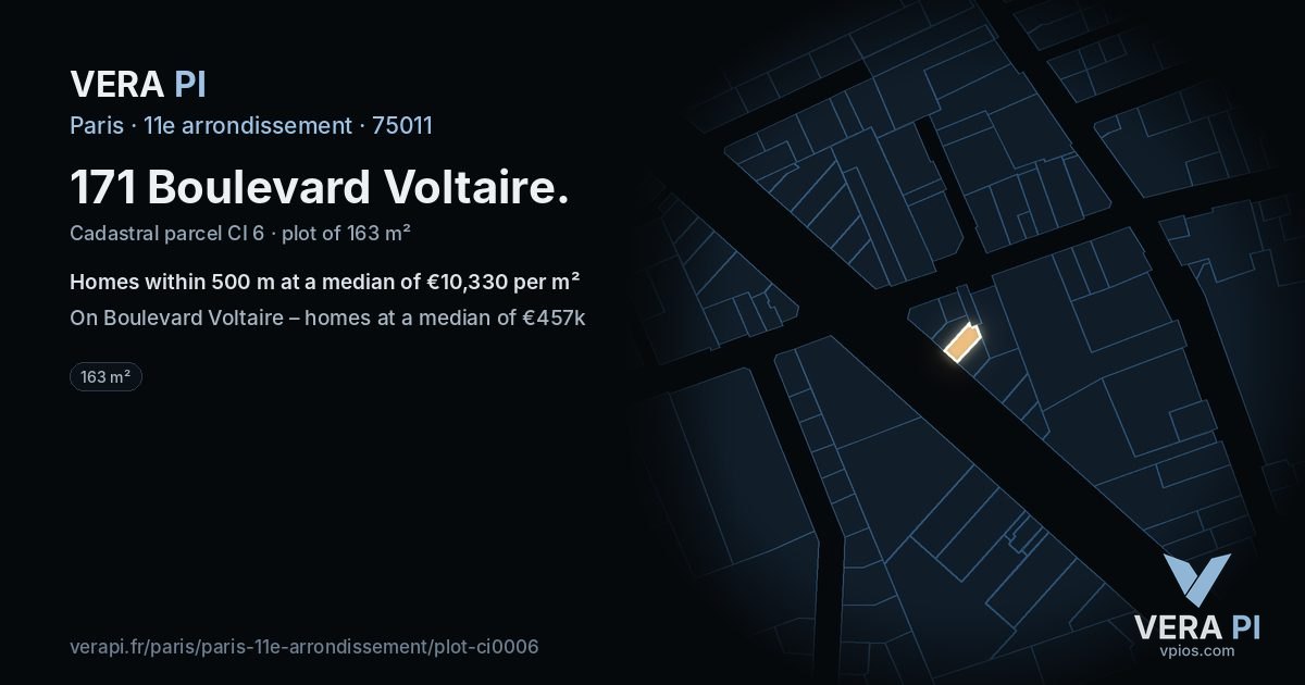 171 Boulevard Voltaire, 11e arrondissement at night – the plot lit, the parcels around coloured by the prices near them