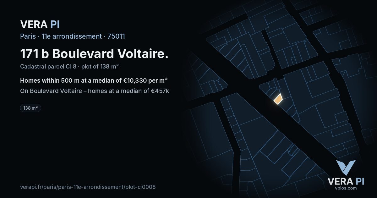 171 b Boulevard Voltaire, 11e arrondissement at night – the plot lit, the parcels around coloured by the prices near them