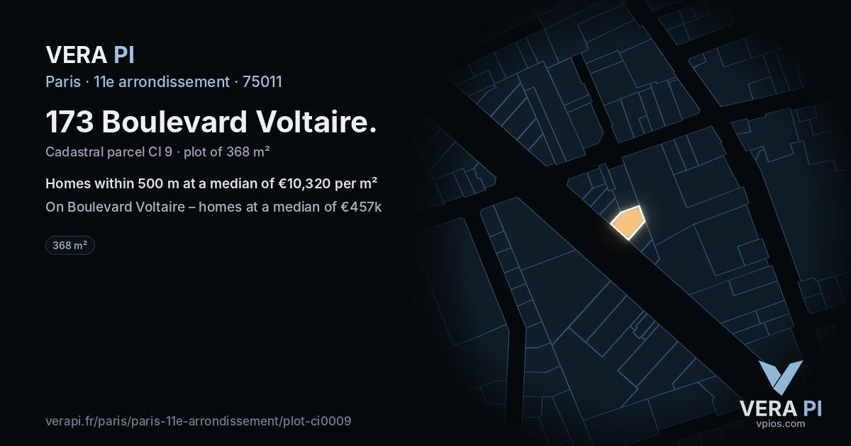173 Boulevard Voltaire, 11e arrondissement at night – the plot lit, the parcels around coloured by the prices near them