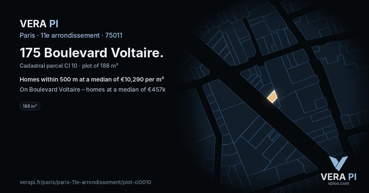 175 Boulevard Voltaire, 11e arrondissement at night – the plot lit, the parcels around coloured by the prices near them