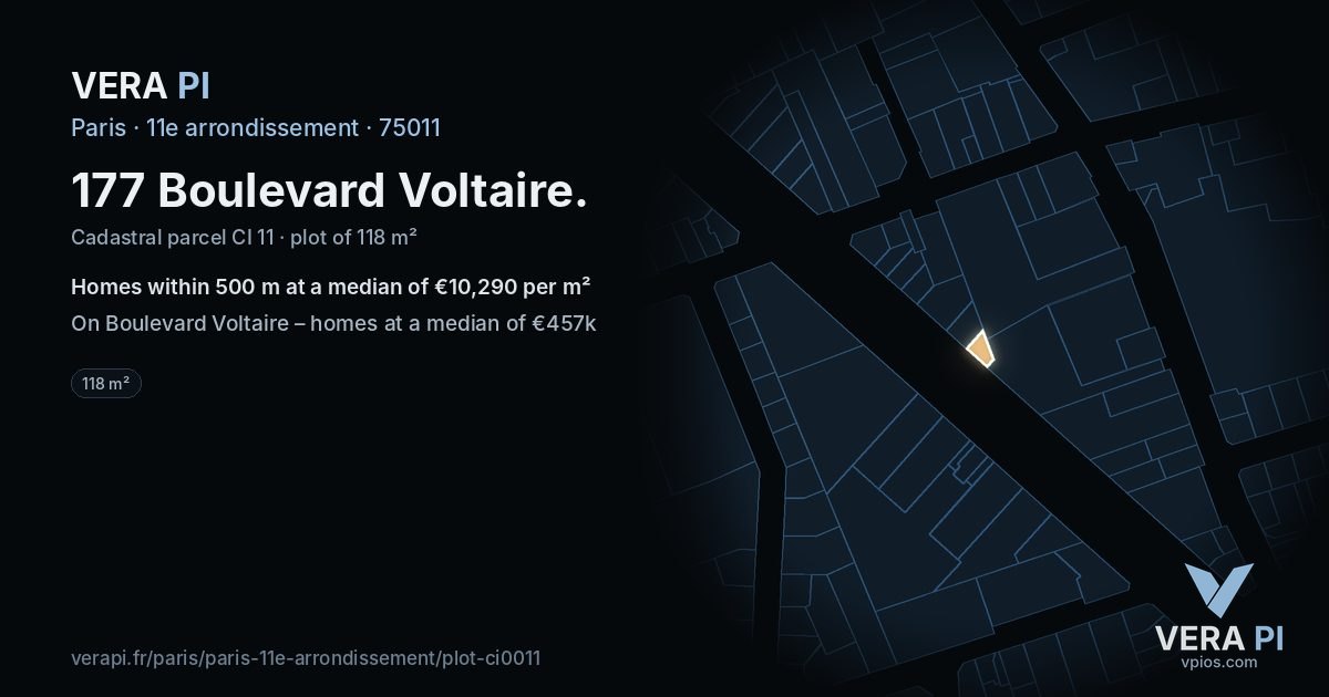 177 Boulevard Voltaire, 11e arrondissement at night – the plot lit, the parcels around coloured by the prices near them