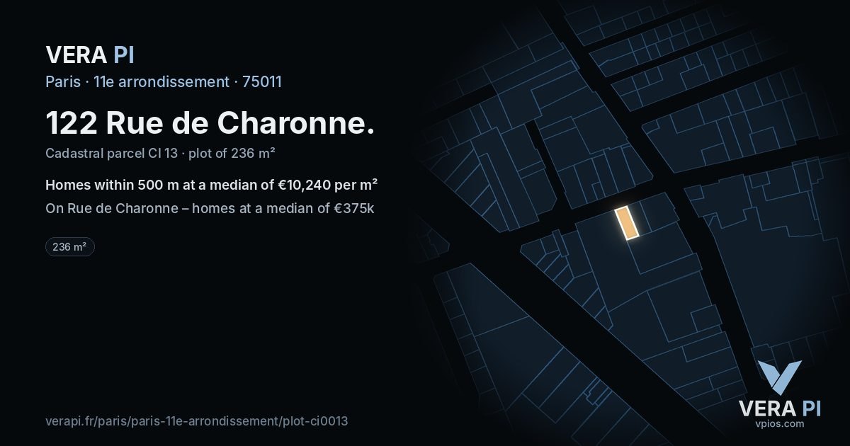 122 Rue de Charonne, 11e arrondissement at night – the plot lit, the parcels around coloured by the prices near them