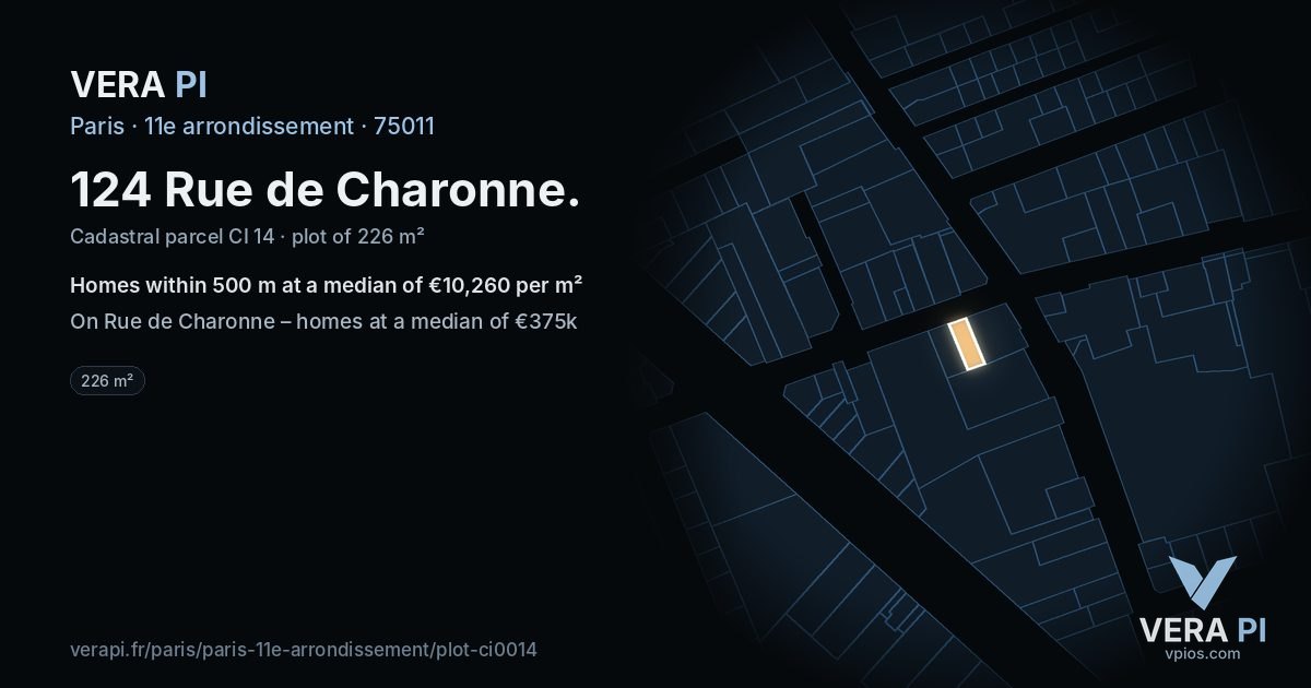 124 Rue de Charonne, 11e arrondissement at night – the plot lit, the parcels around coloured by the prices near them
