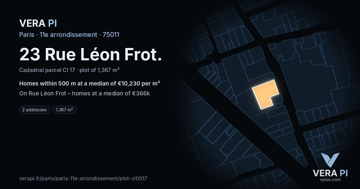 23 Rue Léon Frot, 11e arrondissement at night – the plot lit, the parcels around coloured by the prices near them