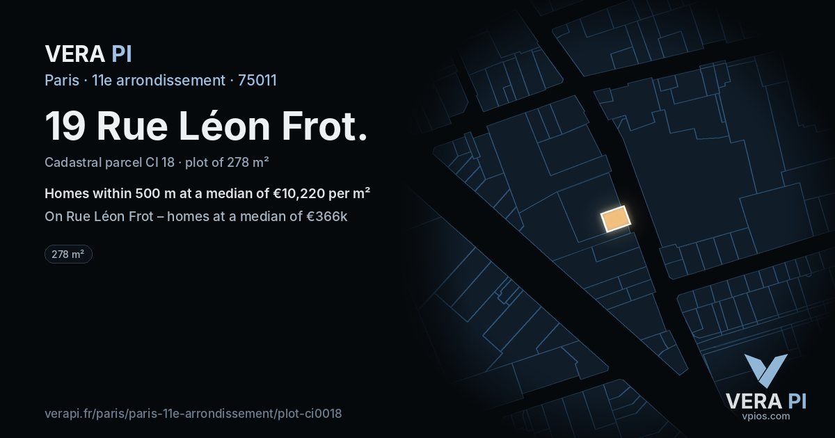 19 Rue Léon Frot, 11e arrondissement at night – the plot lit, the parcels around coloured by the prices near them