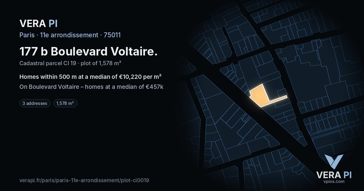 177 b Boulevard Voltaire, 11e arrondissement at night – the plot lit, the parcels around coloured by the prices near them