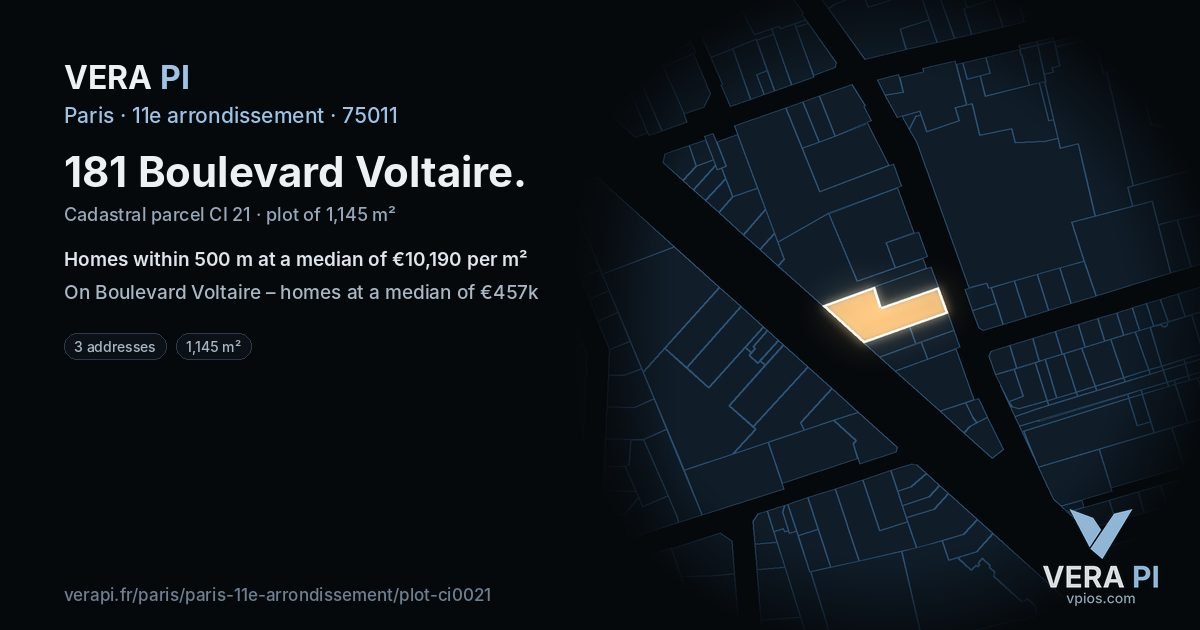 181 Boulevard Voltaire, 11e arrondissement at night – the plot lit, the parcels around coloured by the prices near them
