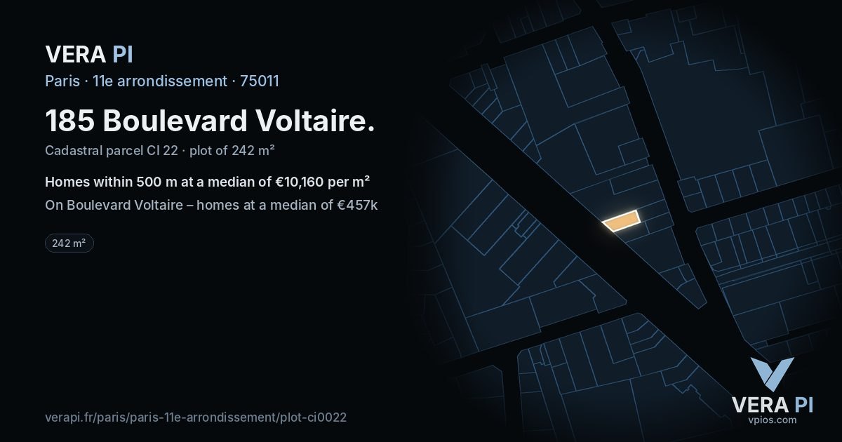 185 Boulevard Voltaire, 11e arrondissement at night – the plot lit, the parcels around coloured by the prices near them