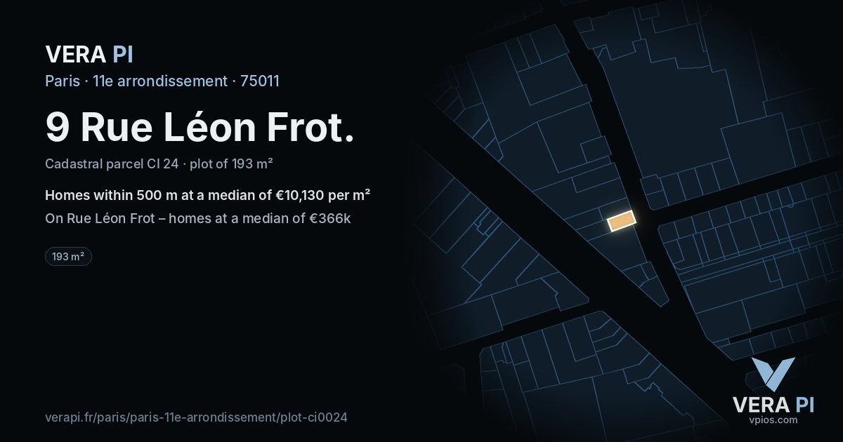 9 Rue Léon Frot, 11e arrondissement at night – the plot lit, the parcels around coloured by the prices near them
