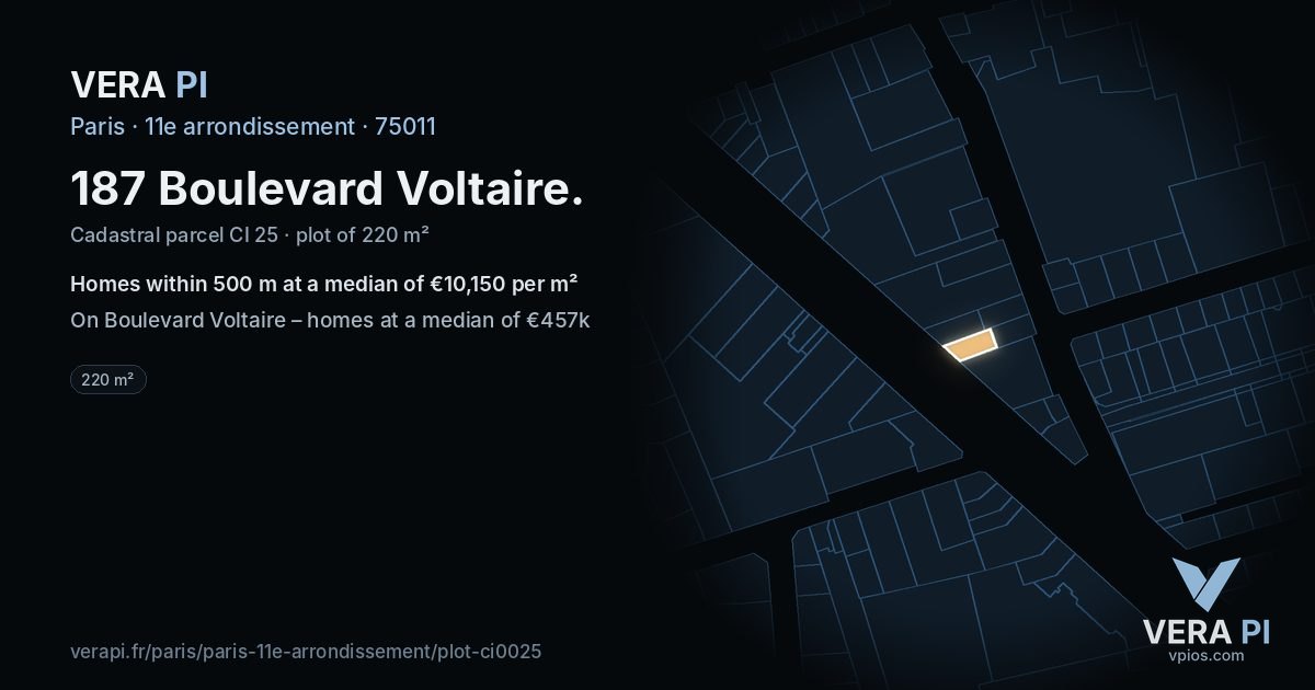 187 Boulevard Voltaire, 11e arrondissement at night – the plot lit, the parcels around coloured by the prices near them