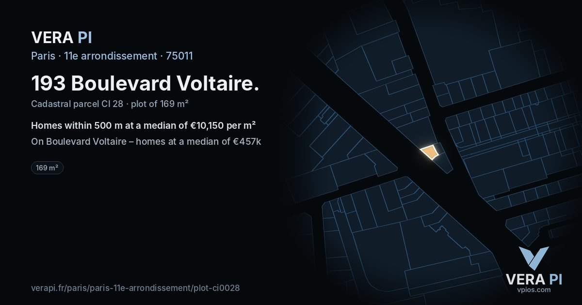 193 Boulevard Voltaire, 11e arrondissement at night – the plot lit, the parcels around coloured by the prices near them