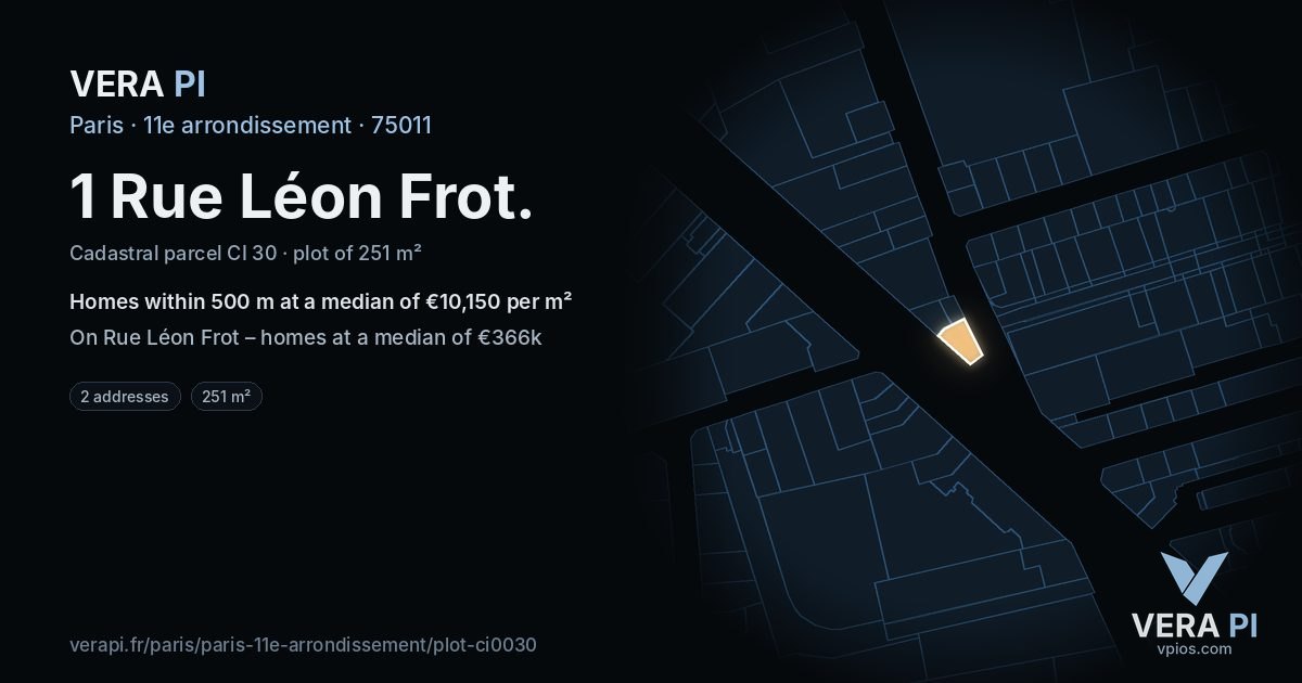 1 Rue Léon Frot, 11e arrondissement at night – the plot lit, the parcels around coloured by the prices near them