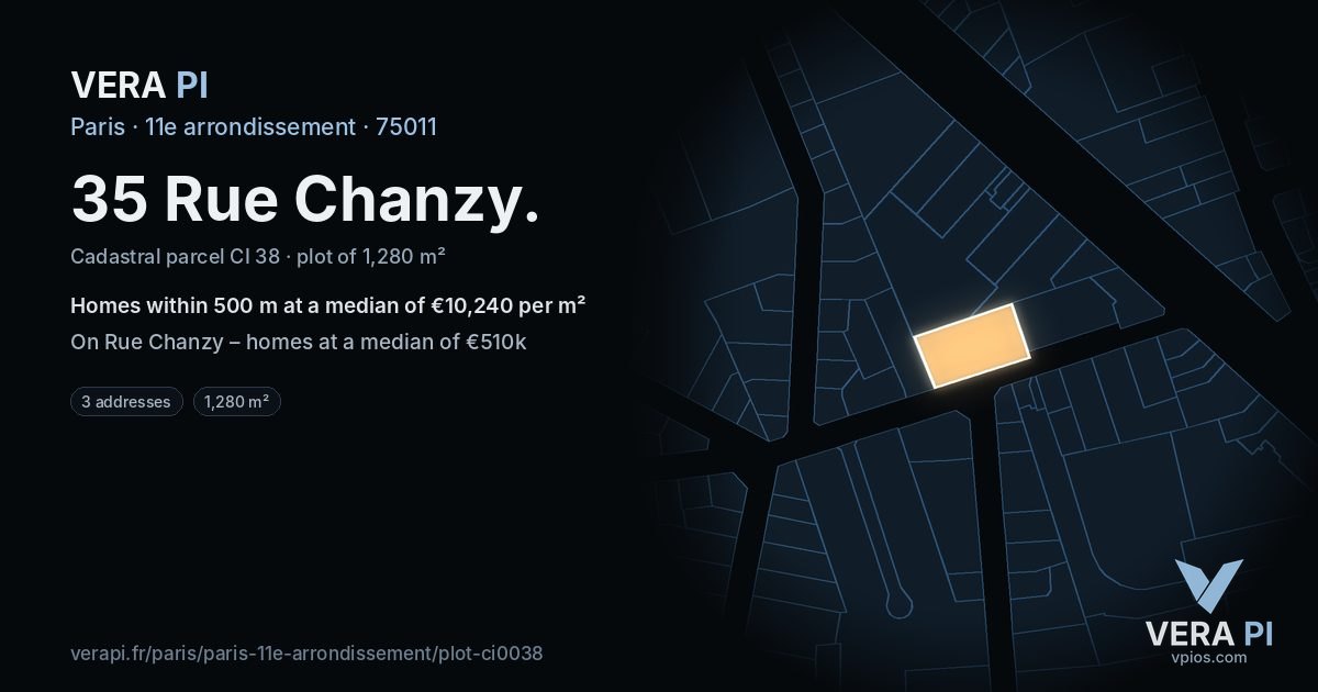 35 Rue Chanzy, 11e arrondissement at night – the plot lit, the parcels around coloured by the prices near them