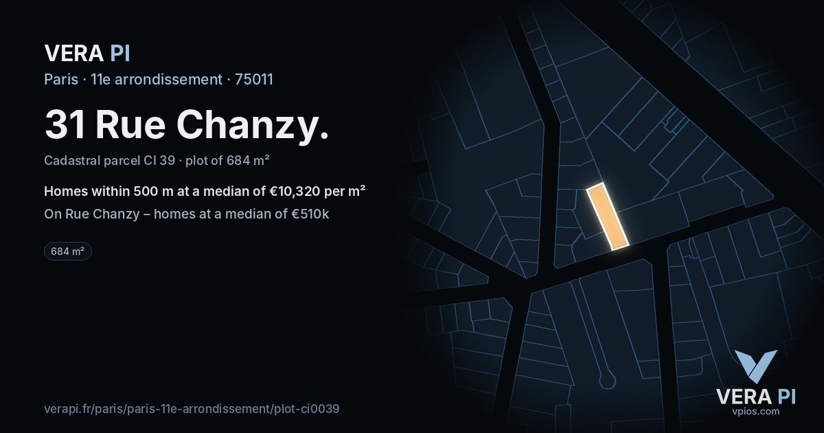 31 Rue Chanzy, 11e arrondissement at night – the plot lit, the parcels around coloured by the prices near them