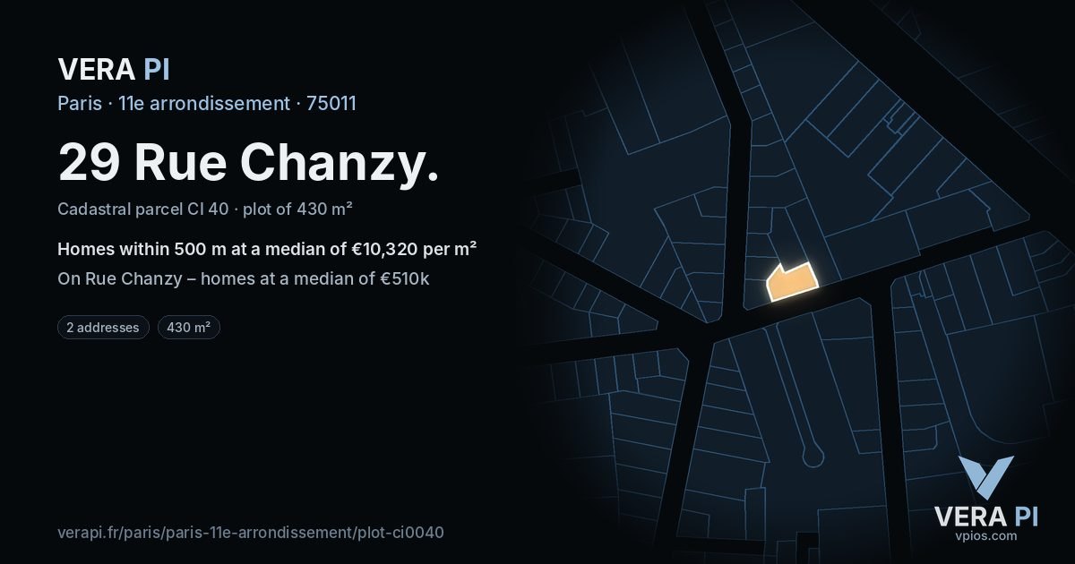 29 Rue Chanzy, 11e arrondissement at night – the plot lit, the parcels around coloured by the prices near them