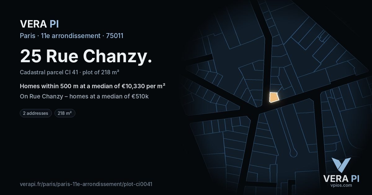 25 Rue Chanzy, 11e arrondissement at night – the plot lit, the parcels around coloured by the prices near them