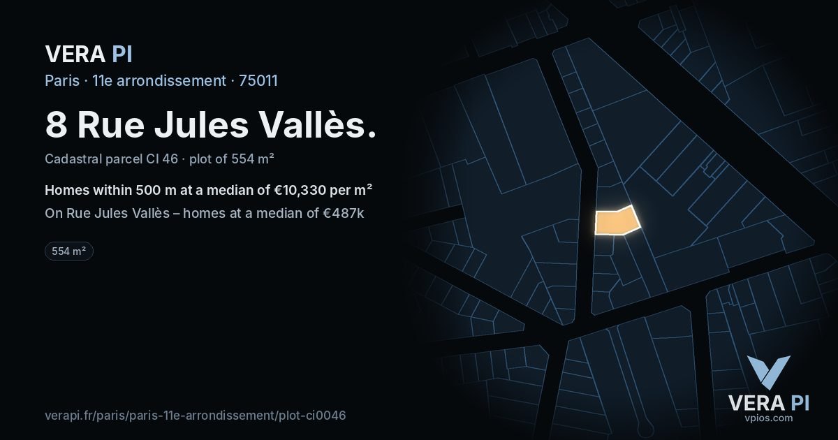 8 Rue Jules Vallès, 11e arrondissement at night – the plot lit, the parcels around coloured by the prices near them