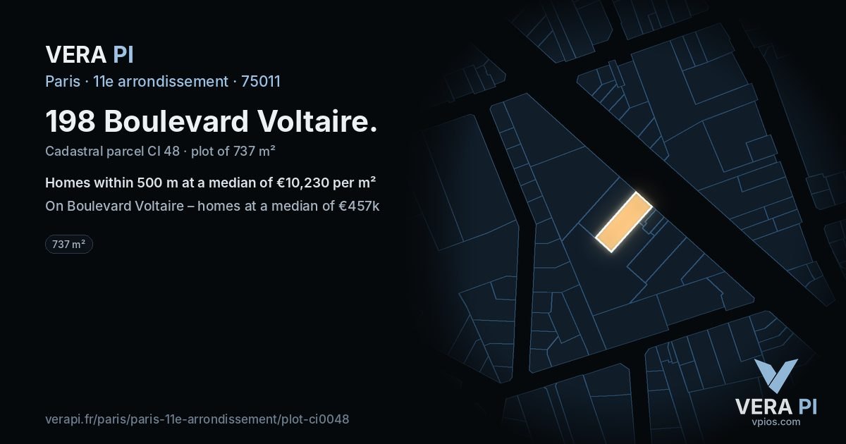 198 Boulevard Voltaire, 11e arrondissement at night – the plot lit, the parcels around coloured by the prices near them