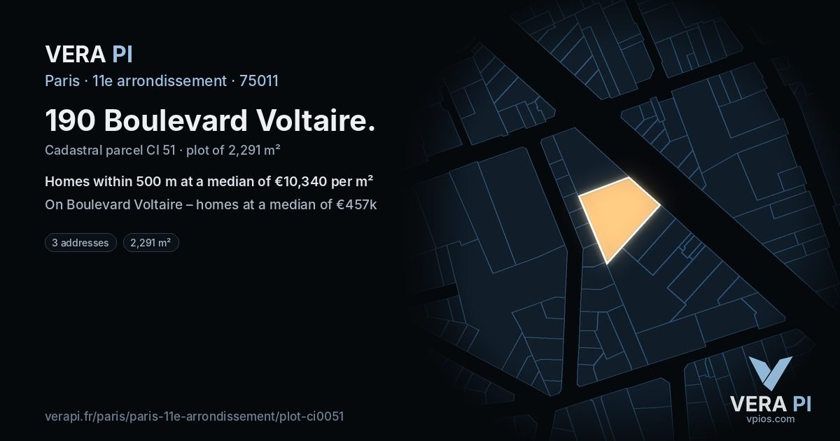 190 Boulevard Voltaire, 11e arrondissement at night – the plot lit, the parcels around coloured by the prices near them