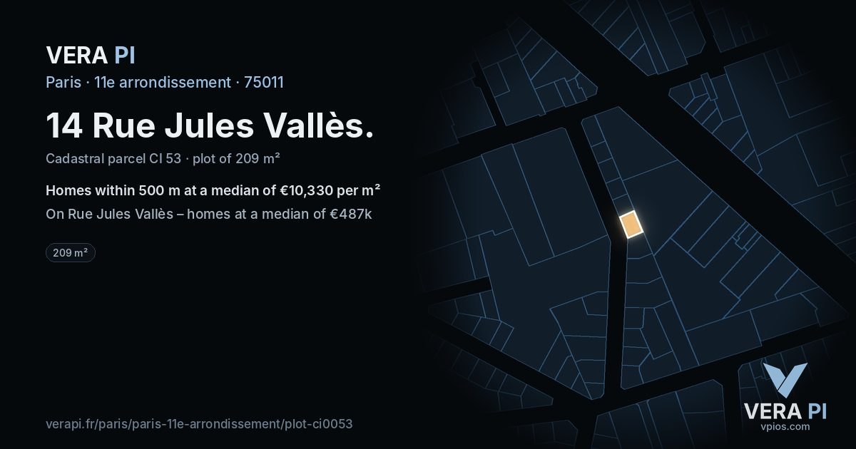 14 Rue Jules Vallès, 11e arrondissement at night – the plot lit, the parcels around coloured by the prices near them