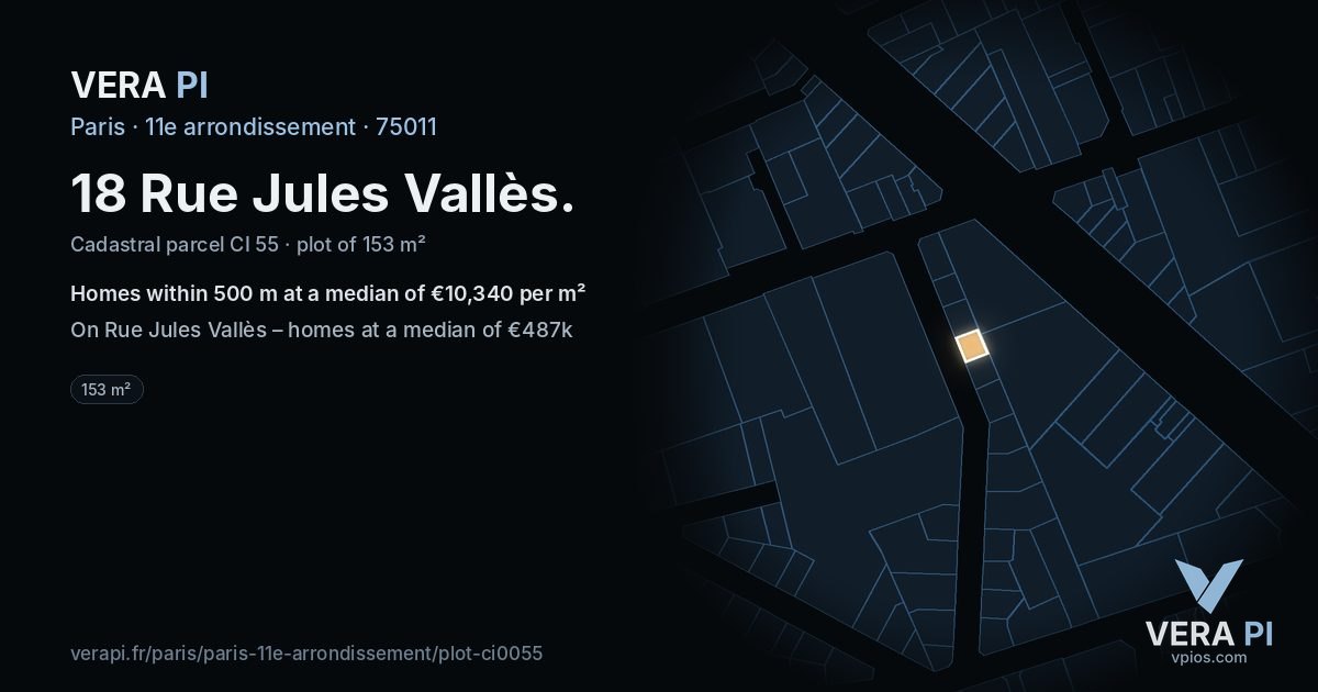 18 Rue Jules Vallès, 11e arrondissement at night – the plot lit, the parcels around coloured by the prices near them