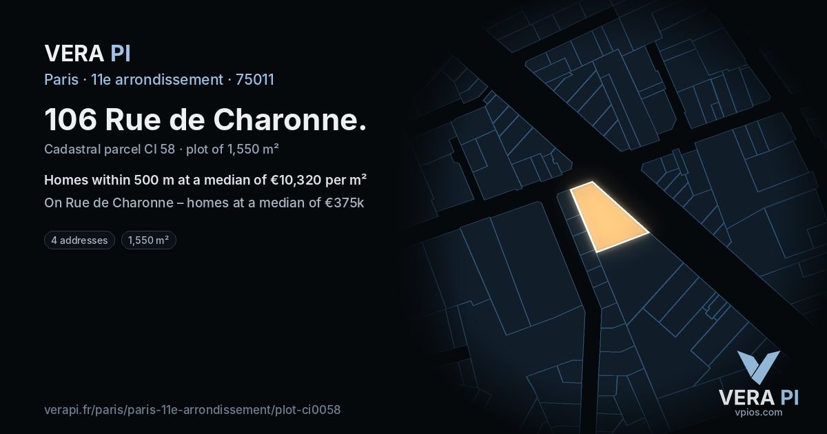 106 Rue de Charonne, 11e arrondissement at night – the plot lit, the parcels around coloured by the prices near them