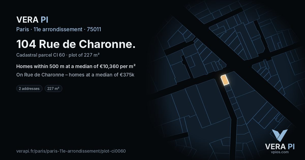 104 Rue de Charonne, 11e arrondissement at night – the plot lit, the parcels around coloured by the prices near them
