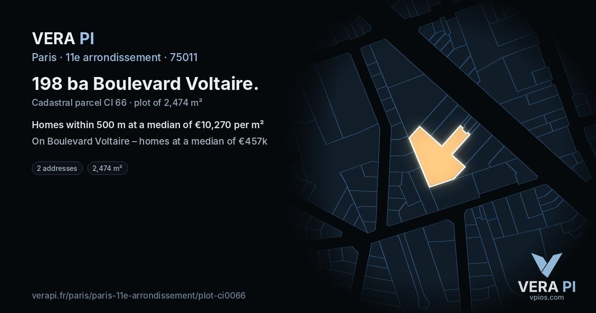 198 ba Boulevard Voltaire, 11e arrondissement at night – the plot lit, the parcels around coloured by the prices near them