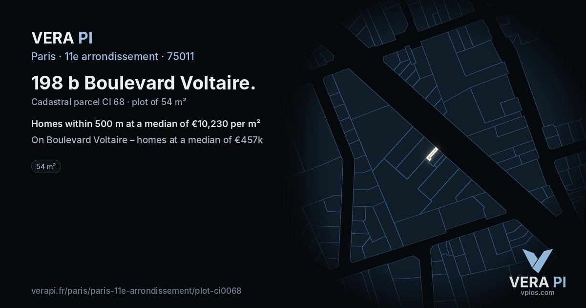 198 b Boulevard Voltaire, 11e arrondissement at night – the plot lit, the parcels around coloured by the prices near them