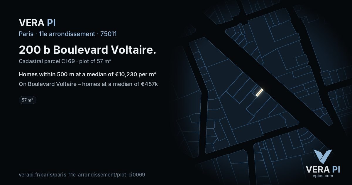 200 b Boulevard Voltaire, 11e arrondissement at night – the plot lit, the parcels around coloured by the prices near them