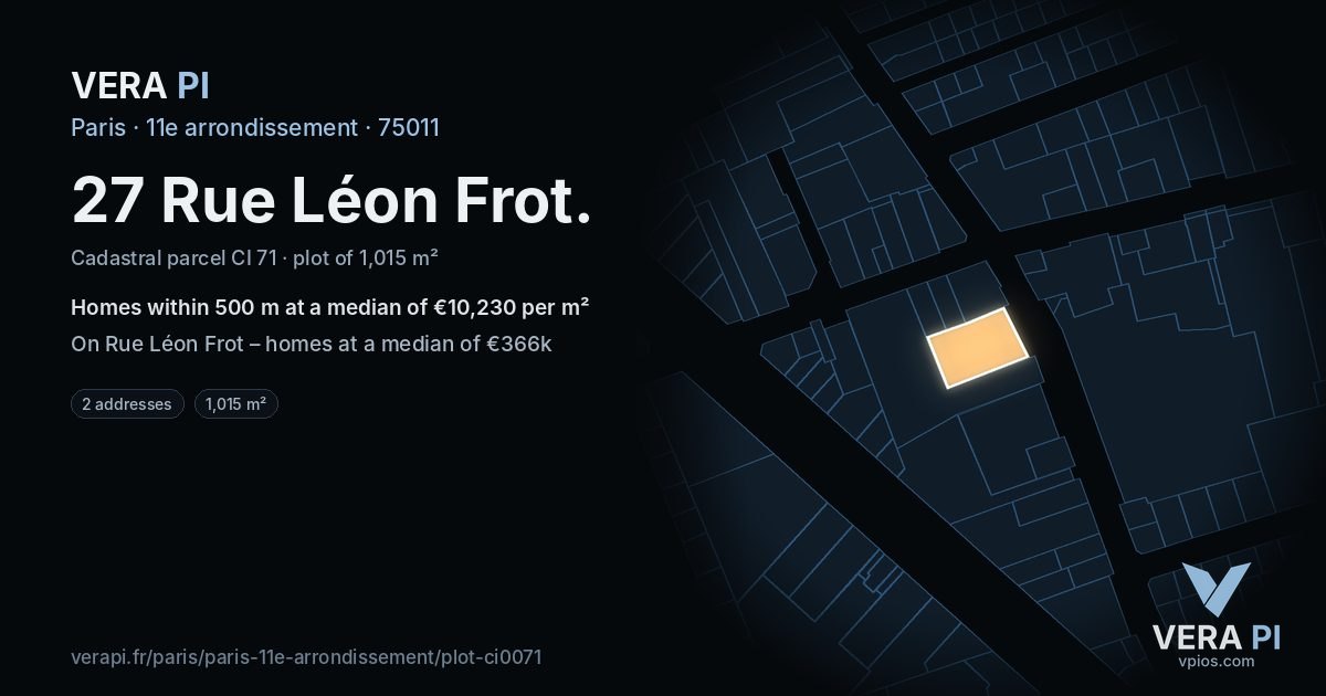 27 Rue Léon Frot, 11e arrondissement at night – the plot lit, the parcels around coloured by the prices near them