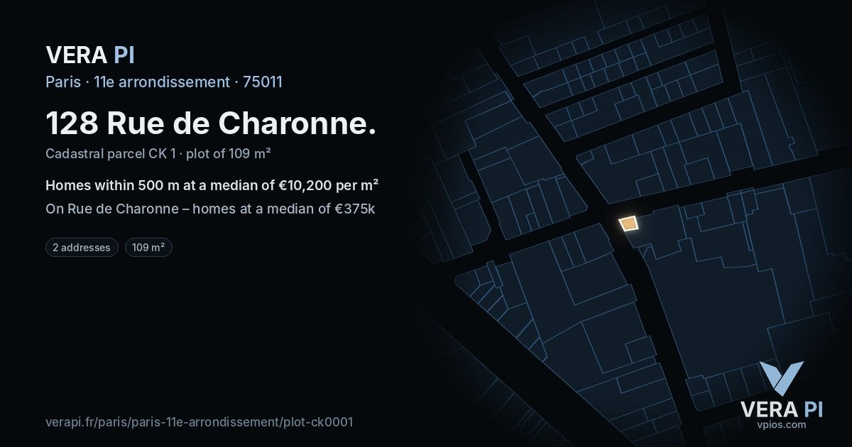 128 Rue de Charonne, 11e arrondissement at night – the plot lit, the parcels around coloured by the prices near them