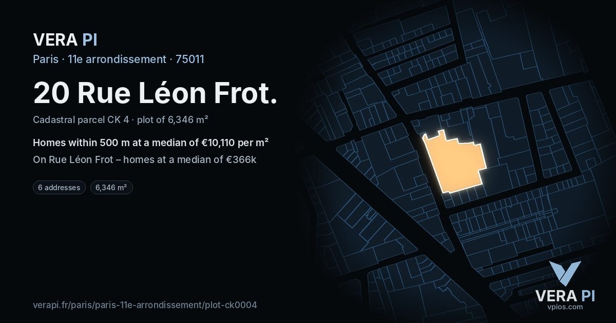 20 Rue Léon Frot, 11e arrondissement at night – the plot lit, the parcels around coloured by the prices near them