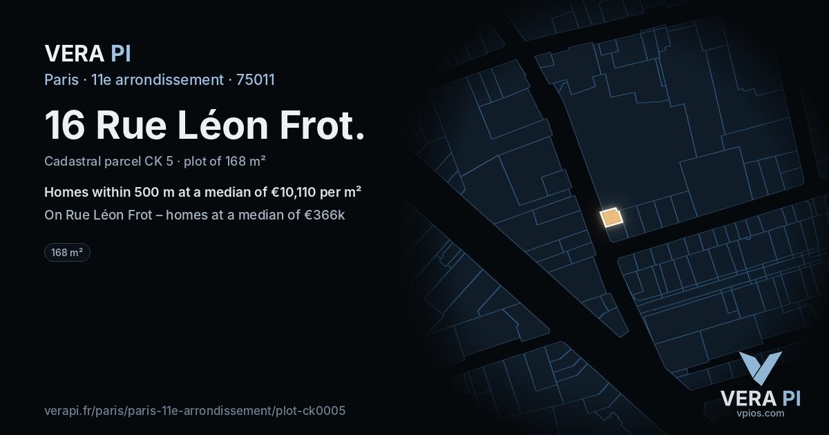 16 Rue Léon Frot, 11e arrondissement at night – the plot lit, the parcels around coloured by the prices near them