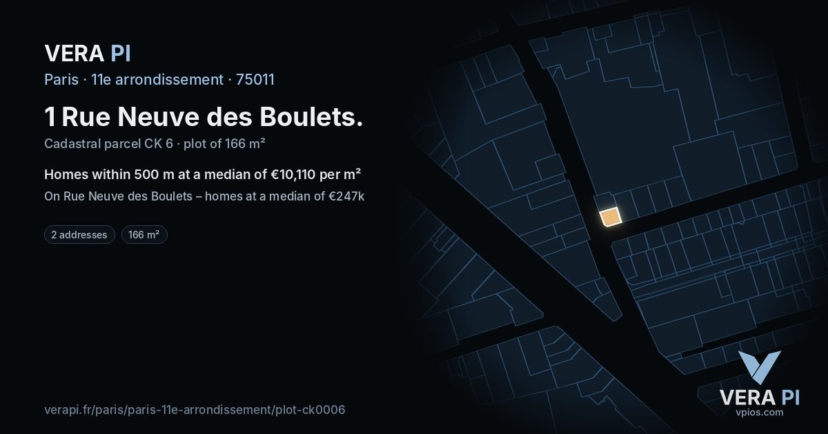 1 Rue Neuve des Boulets, 11e arrondissement at night – the plot lit, the parcels around coloured by the prices near them