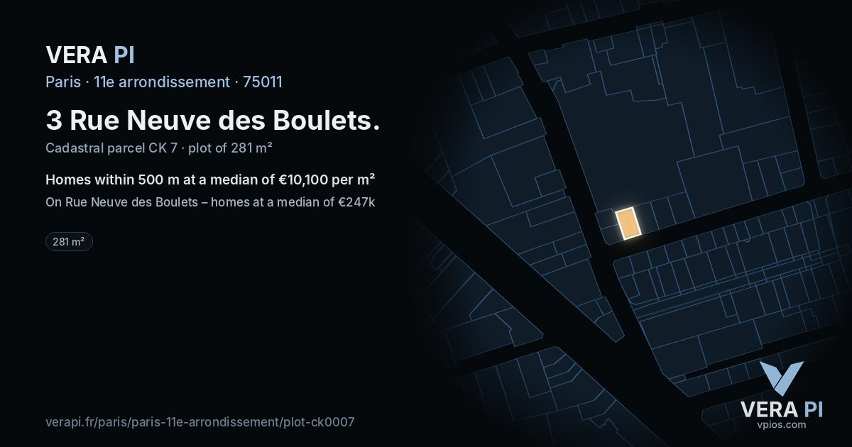 3 Rue Neuve des Boulets, 11e arrondissement at night – the plot lit, the parcels around coloured by the prices near them