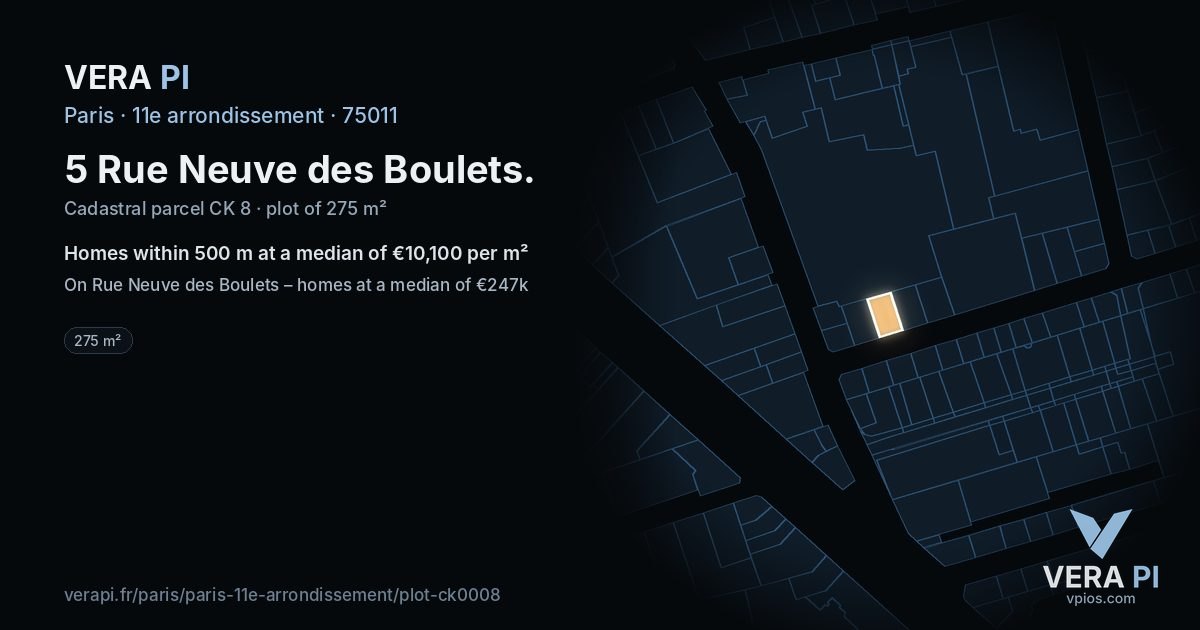 5 Rue Neuve des Boulets, 11e arrondissement at night – the plot lit, the parcels around coloured by the prices near them